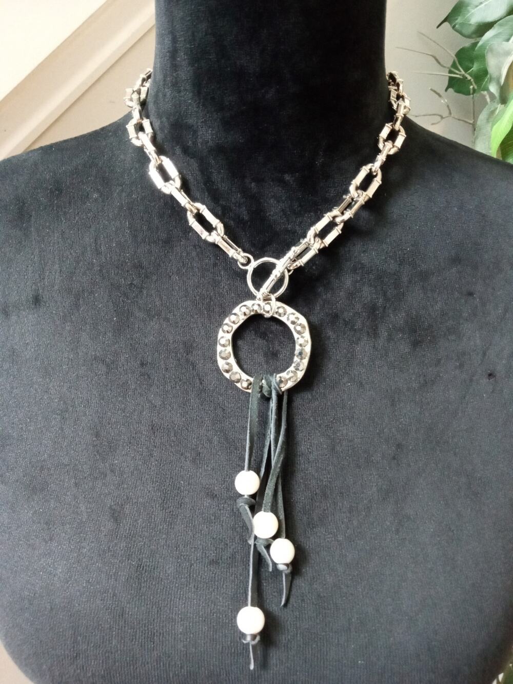 Silver Tone Chain Necklace Rhinestone Circle Pendant Black Tassel Statement